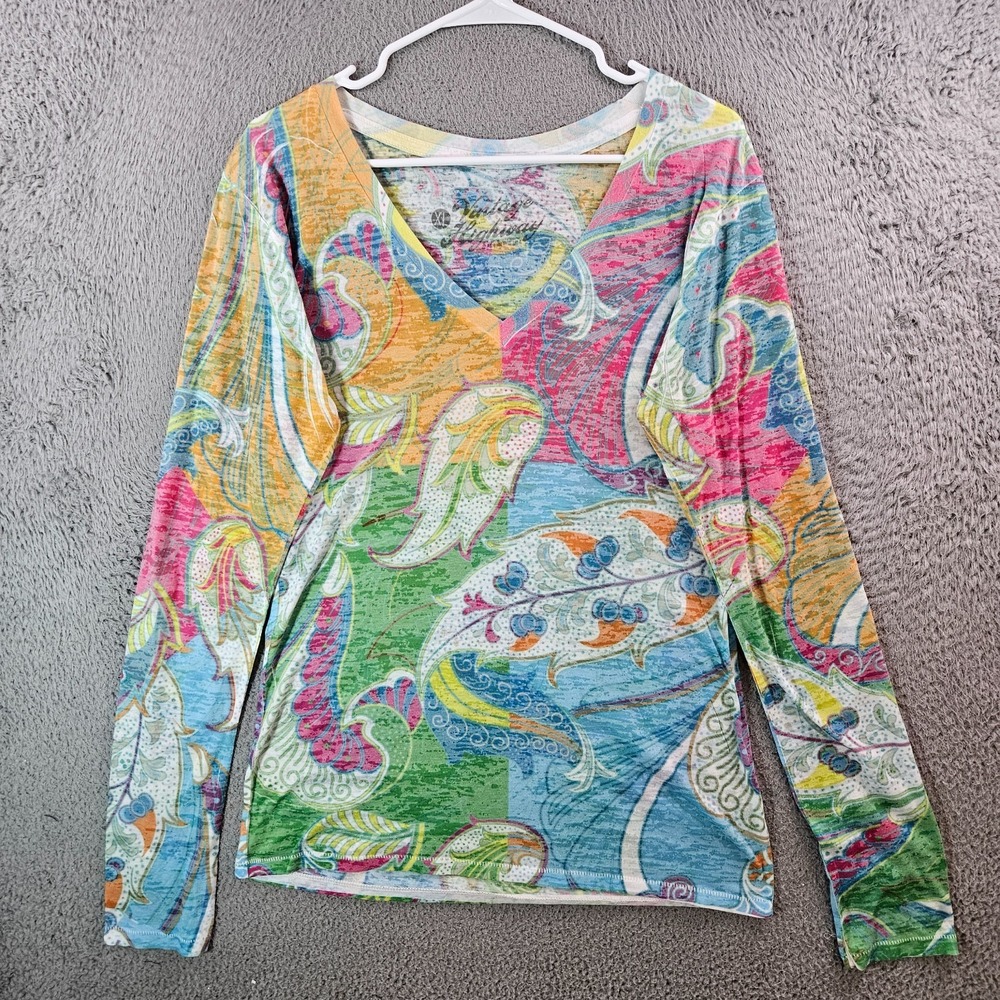 Vintage Highway Tee Top women XL Stretch Colorful Paisley‎ Print Long Sleeve